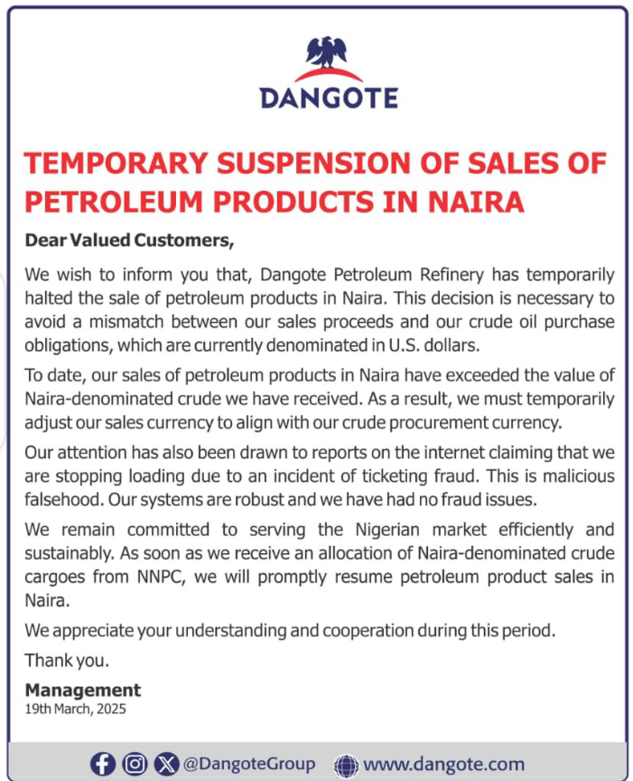 Dangote Refinery statement of Naira petrol supply suspension