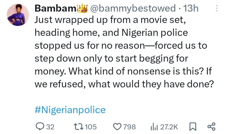 BBNaija BamBam Calls Out Nigerian Police, After Recent Encounter