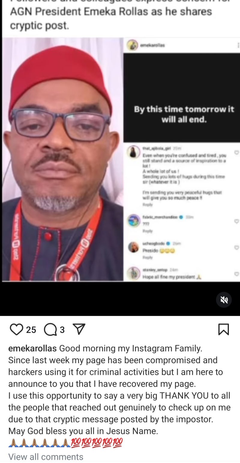 AGN President, Emeka Rollas Blames Suicide Post On Hackers