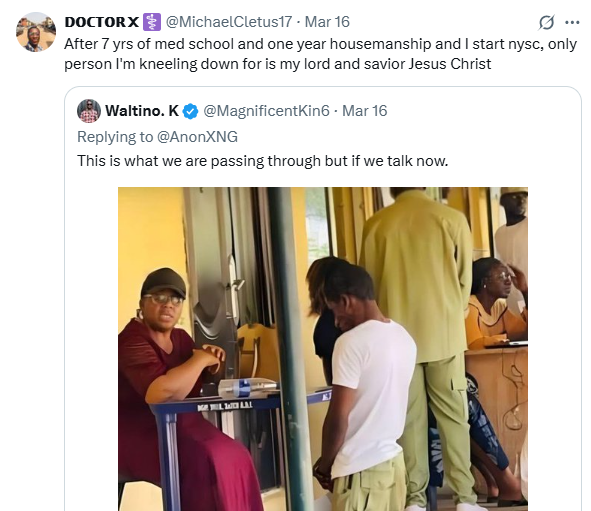 Corp Member Kneels, Serves Punishment Before An Official