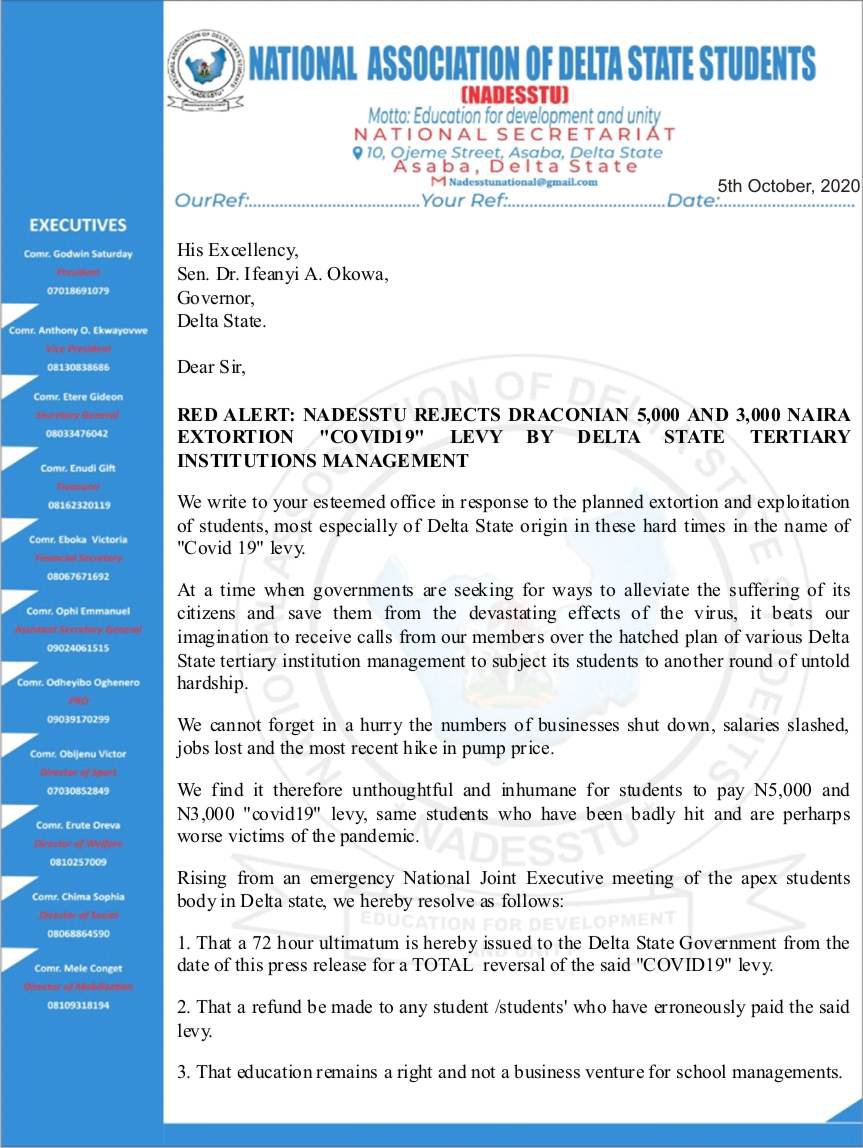 NADESTU Blasts Okowa Over N5000 Covid-19 Levy | Daily Report Nigeria