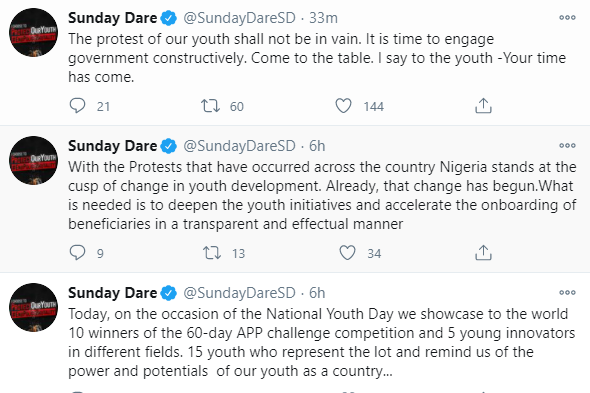 #EndSARS: 'The Protests Of Our Youth Shall Not Be In Vain'- Minister Of Youth And Sports, Sunday Dare | Daily Report Nigeria