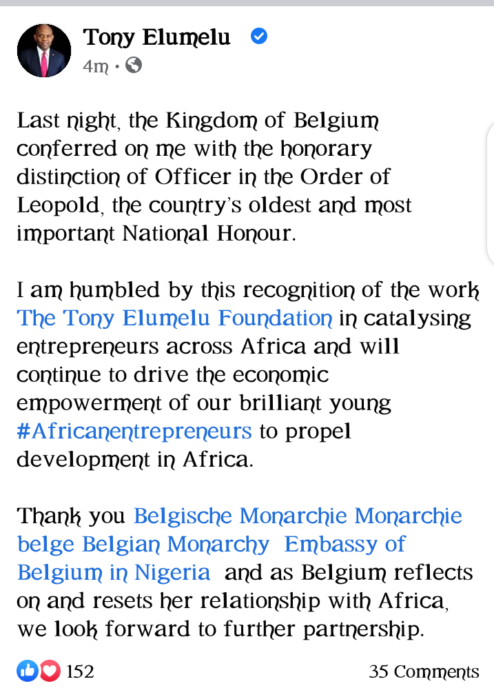 Belgium Bestows Oldest And Highest Honor on Tony Elumelu | Daily Report Nigeria