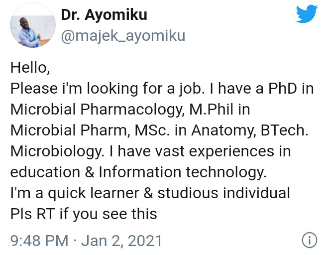 "I Live On N200 Daily To Sustain Myself" - Job-Seeking Nigerian PHD Holder Shocks Many | Daily Report Nigeria