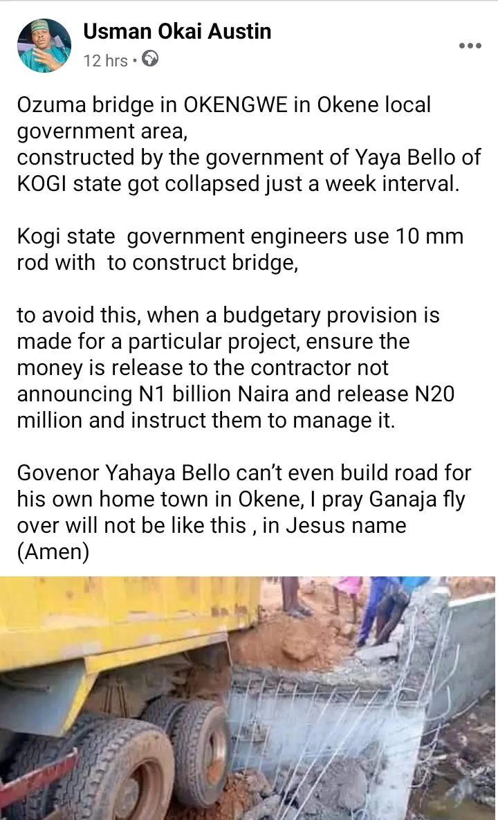 Bridge Constructed by Yahaya Bello Collapses 7 Days After Commissioning | Daily Report Nigeria