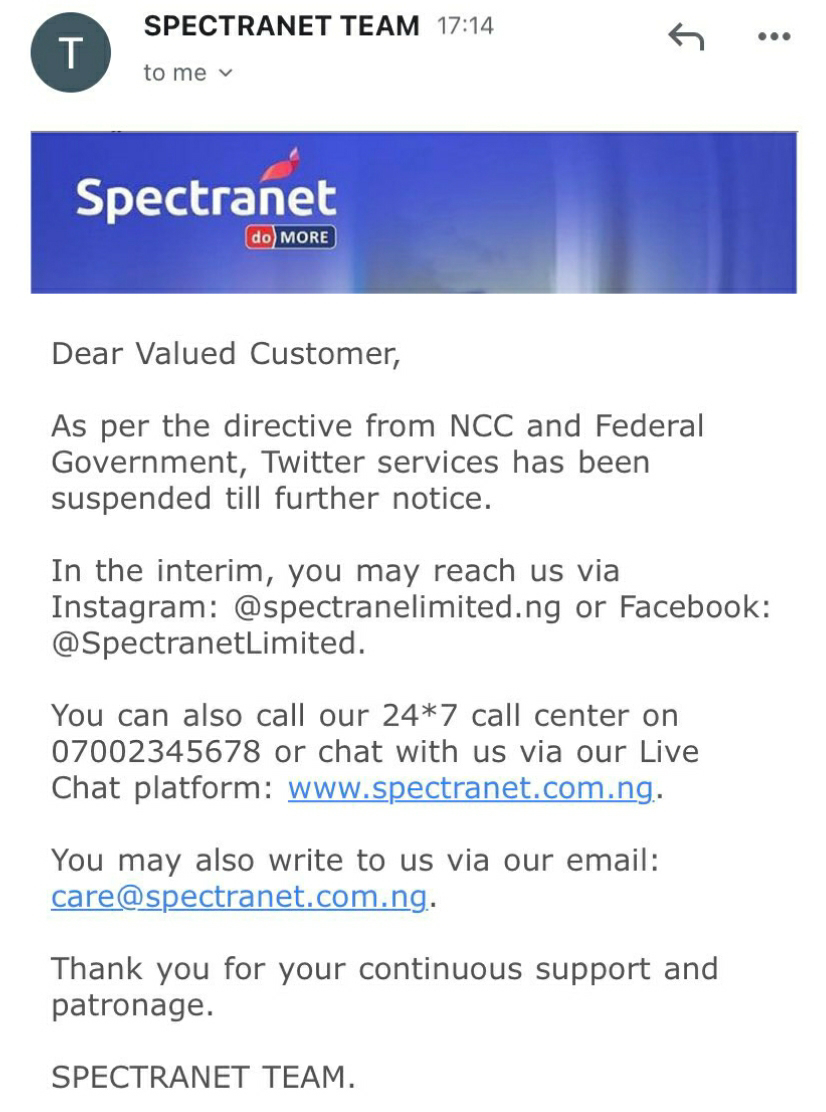 Spectranet bans Twitter service following FG orders