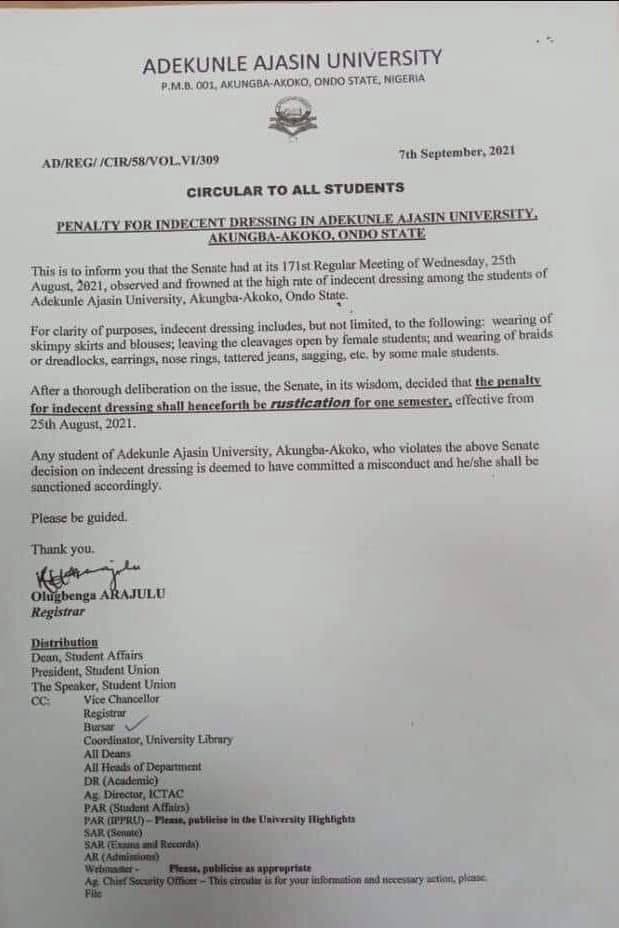 Adekunle Ajasin University to Rusticate Students For Indecent Dressing | Daily Report Nigeria