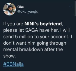 BBNaija: Man Offers Nini's Boyfriend N5 Million to Leave Her For Saga | Daily Report Nigeria