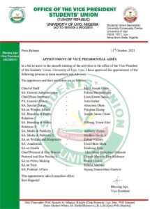 UniUyo SUG Vice President Appoints 18 Aides | Daily Report Nigeria