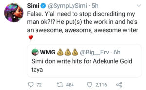 Simi Defends Husband, Adekunle Gold, After He was Descredited By a Twitter User