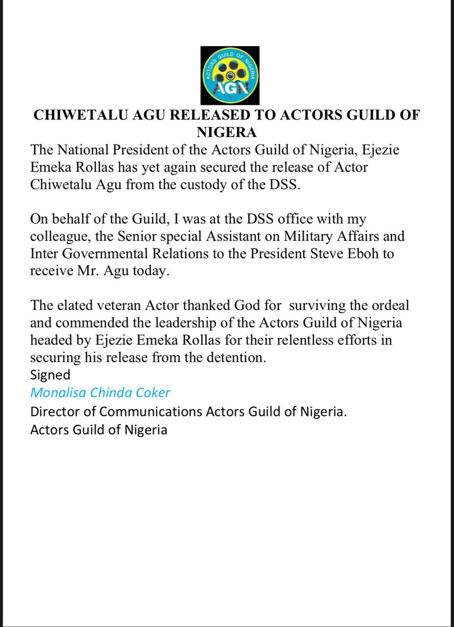 DSS Releases Chiwetalu Agu to Actors Guild of Nigeria 