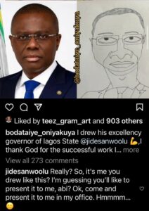 "Bring it to my office" - Governor Sanwo-Olu Tells 'Talented' Artist Who Drew Him | Daily Report Nigeria