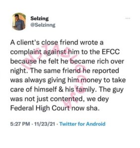Man Reports Close Friend To The EFCC Over Suspicion of His 'Sudden Wealth'