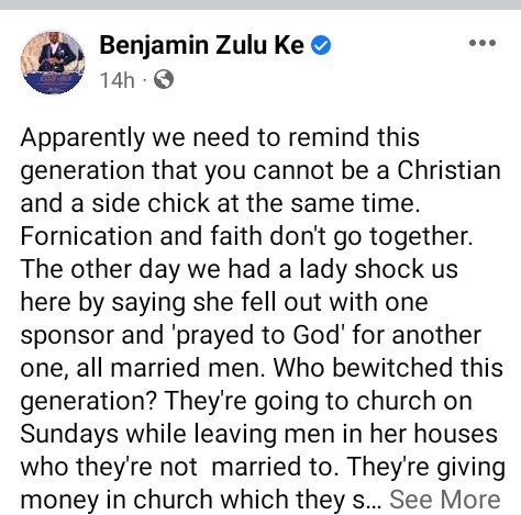 "You cannot be a Christian and a Side Chick at the Same Time" -  Benjamin Zulu | Daily Report Nigeria