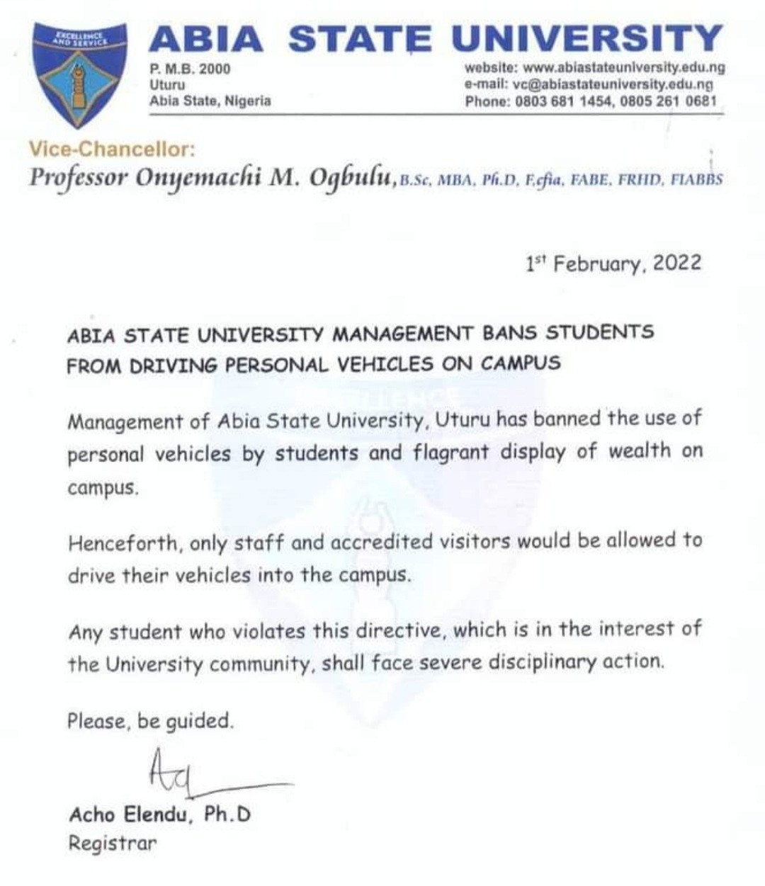 ABSU Bans Students from Driving Personal Vehicles on Campus | Daily Report Nigeria