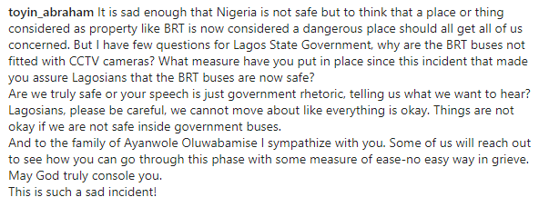 "Why are the BRT buses not fitted with CCTV cameras?"- Toyin Abraham-Ajeyemi | Daily Report Nigeria