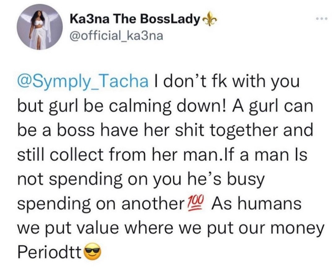 "A Girl Can be a Boss and Still Collect From Her Man" - Ka3na Responds to Tacha's Tweet | Daily Report Nigeria