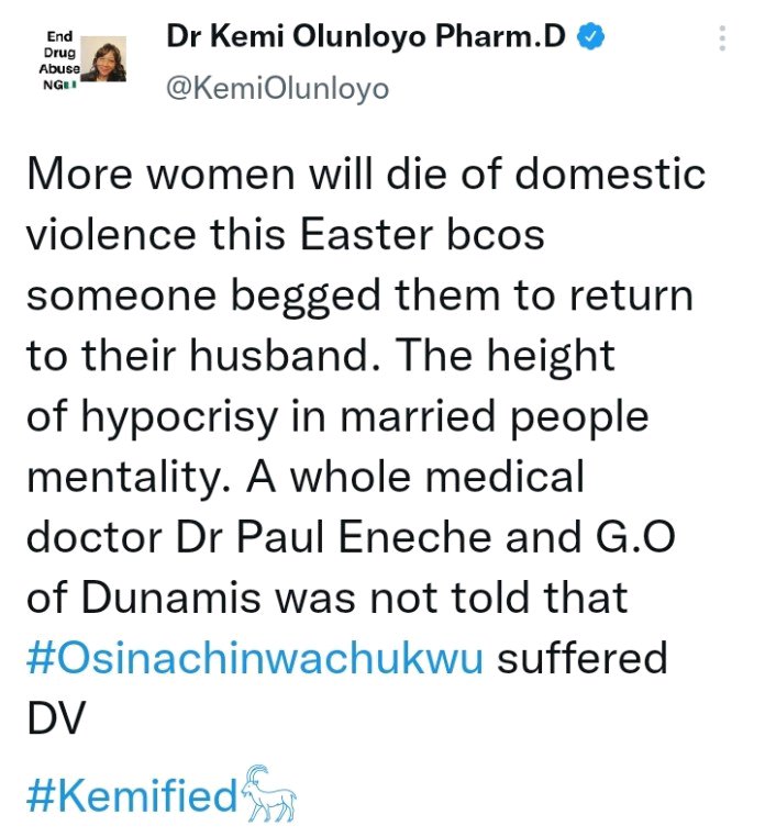 Kemi Olunloyo Foresees Women Die from Domestic Violence This Easter | Daily Report Nigeria