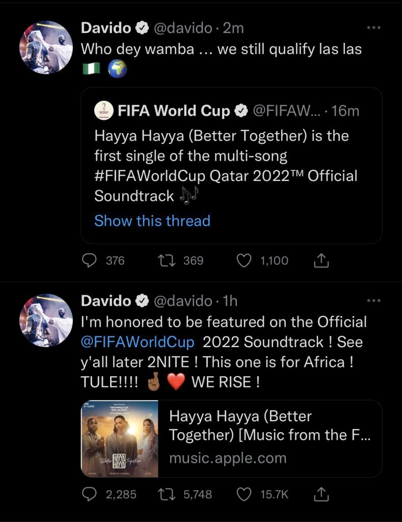 Davido, Other Artistes Feature on 2022 FIFA World Cup Theme Soundtrack | Daily Report Nigeria