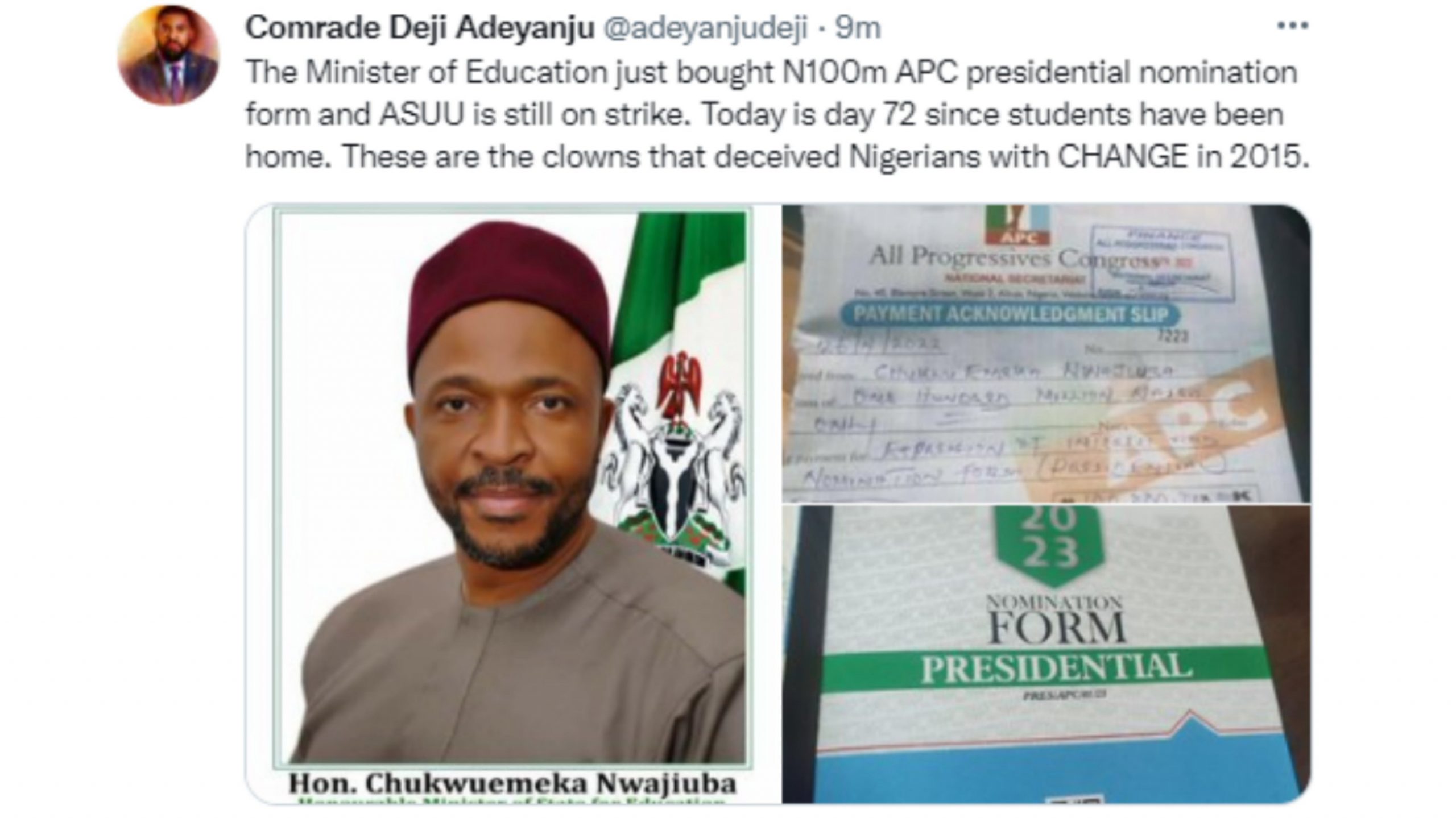 Deji Adeyanju Reacts As Education Minister, Chukwuemeka Nwajiuba, Picks N100m APC Presidential Form | Daily Report Nigeria