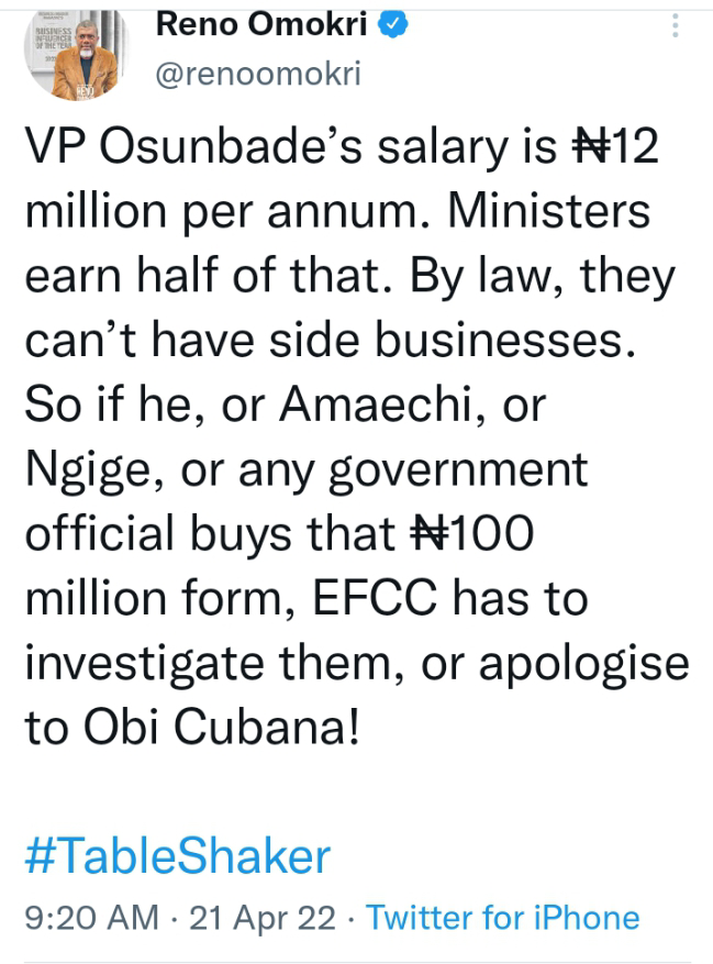 "If Any Government Official Buys That 100 million Form, EFCC has to Investigate Them" - Reno Omokri | Daily Report Nigeria