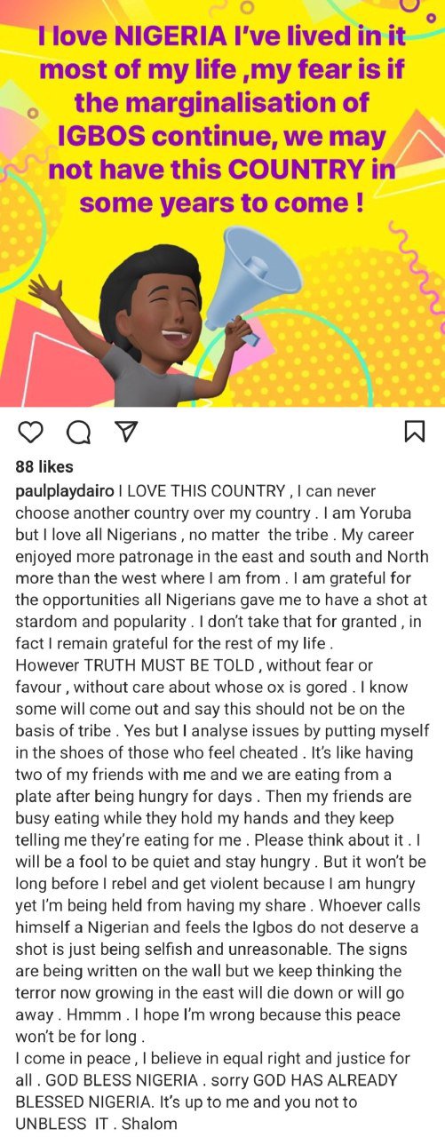 "If the marginalisation of Igbos continue we may not have a country" - Singer Paul Play Dairo | Daily Report Nigeria