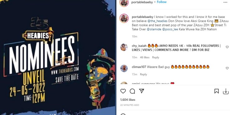 Portable Bags Two Nominations For 2022 Headies Award | Daily Report Nigeria