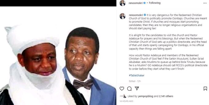 2023: Churches Are Meant To Promote Christ Not Electoral Candidates – Reno Omokri | Daily Report Nigeria