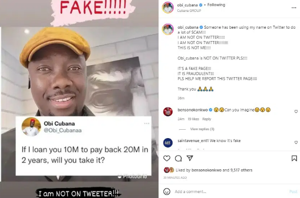 "I Am Not On Twitter, Someone Has Been Using My Name" —Obi Cubana Warns | Daily Report Nigeria