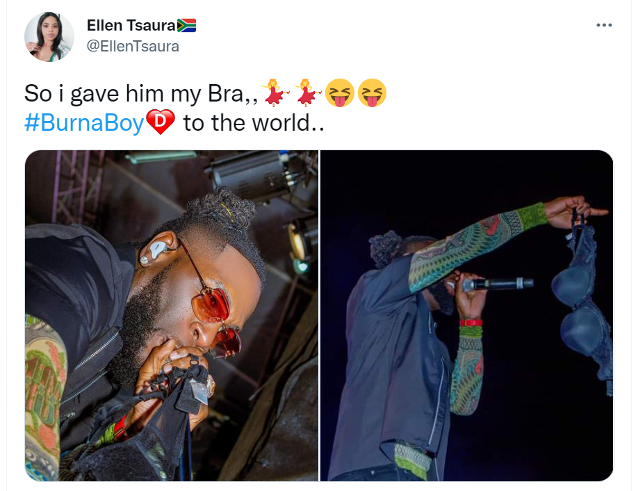 "I Gave Him My Bra" - Lady Proudly Shares Photos Of Burna Boy Holding Her Bra She Threw At Him | Daily Report Nigeria