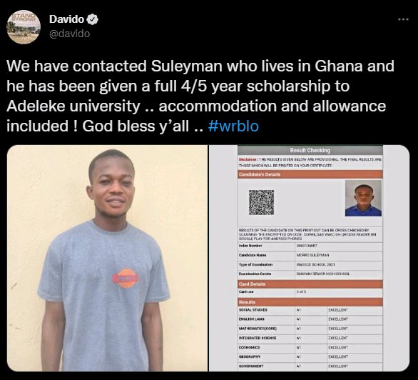 Davido Finds A1 Parallel WAEC Result Owner, Offers Him Scholarship | Daily Report Nigeria