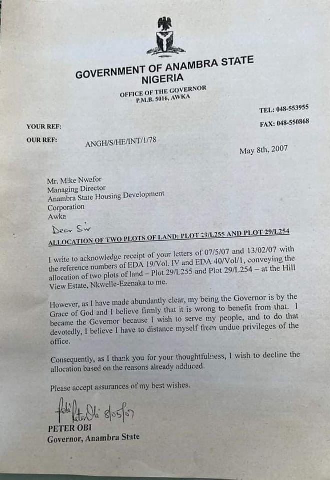 Letter Peter Obi Wrote, Rejecting Lands Allocated To Him As Governor Of Anambra State in 2007 | Daily Report Nigeria