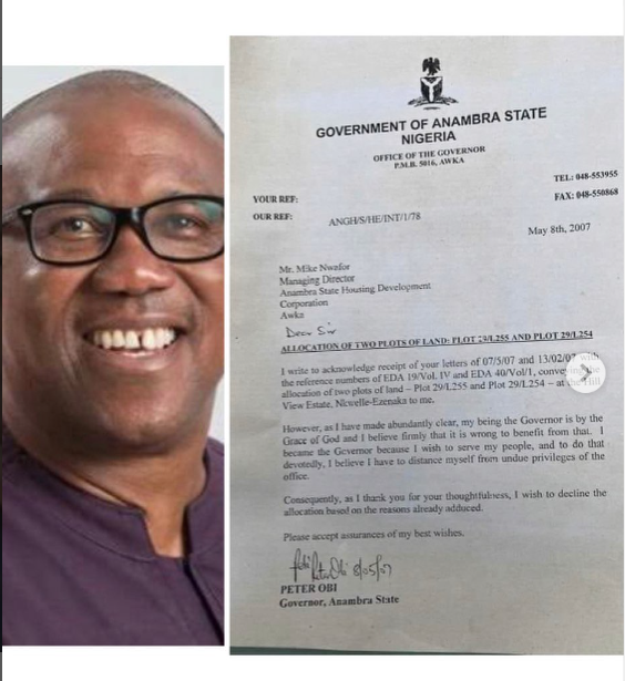 Letter Peter Obi Wrote, Rejecting Lands Allocated To Him As Governor Of Anambra State in 2007 | Daily Report Nigeria