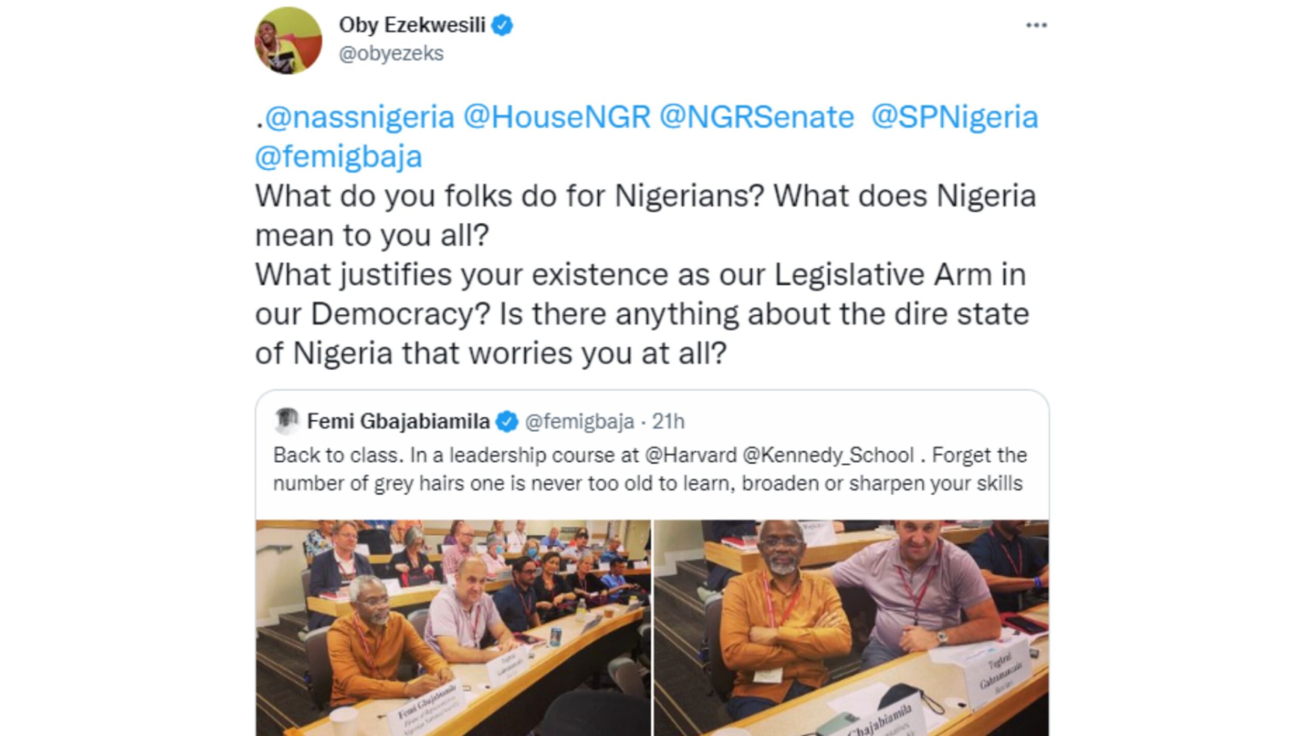 Oby Ezekwesili Drags Femi Gbajabiamila For Posting Photos From Harvard Classroom | Daily Report Nigeria