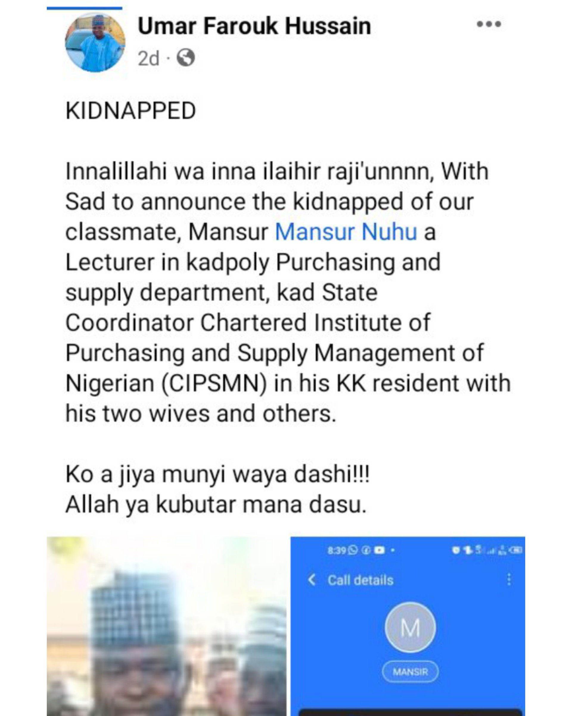 Lecturer, Two Wives kidnapped in Kaduna | Daily Report Nigeria