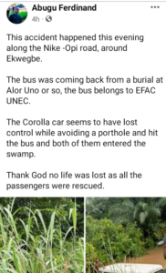 Passengers Escape Death As Two Vehicles Plunge Into Swamp In Enugu | Daily Report Nigeria