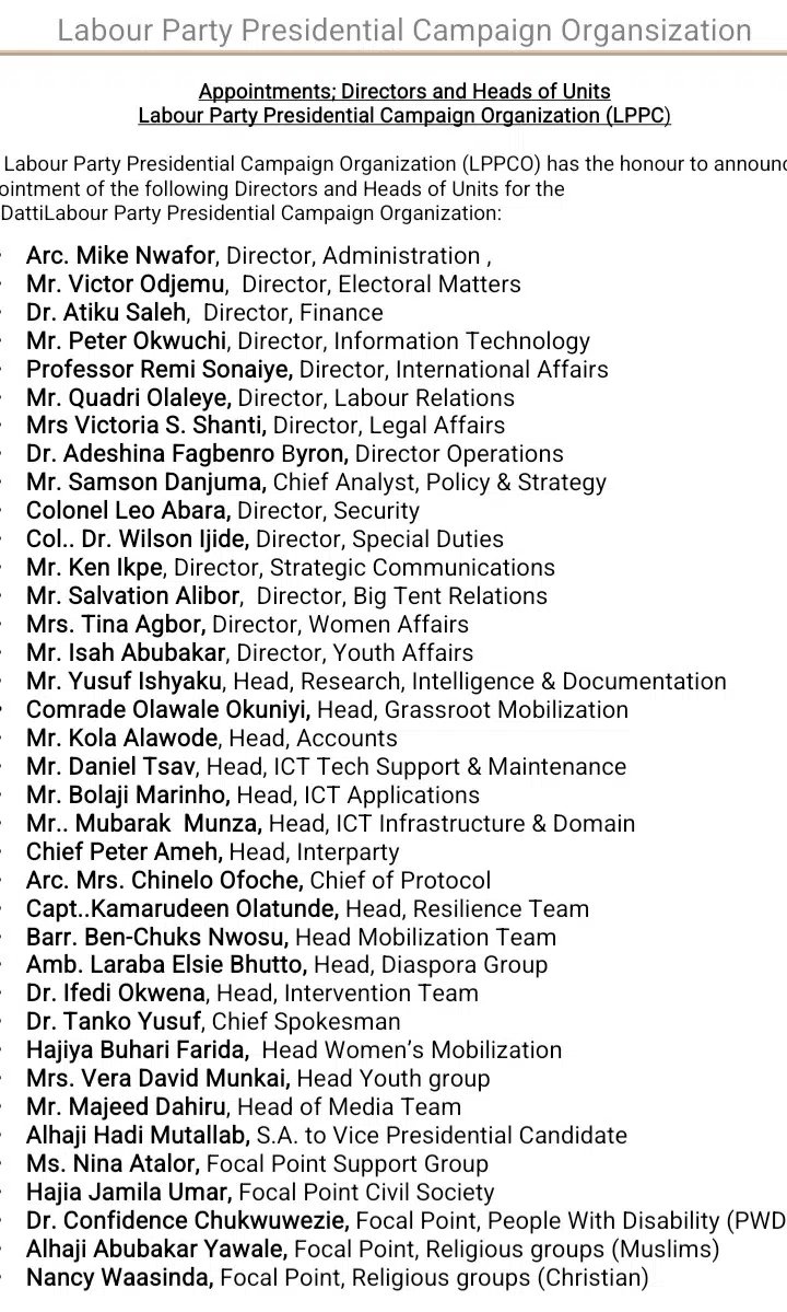 Full List of Labour Party Presidential Campaign Council | Daily Report Nigeria