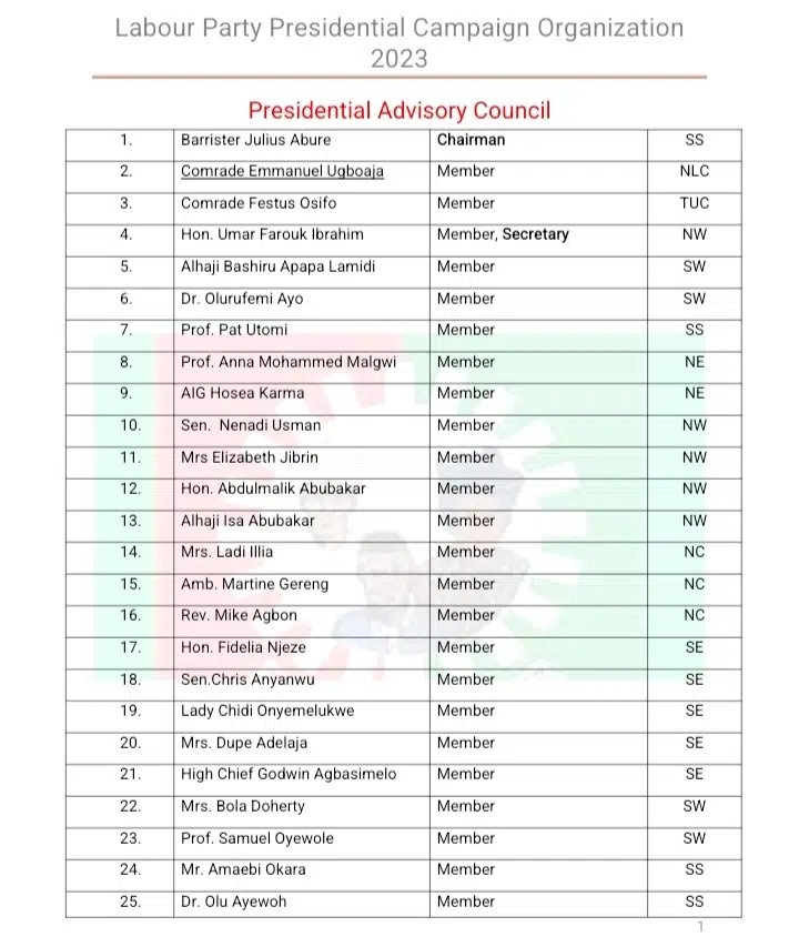 Full List of Labour Party Presidential Campaign Council | Daily Report Nigeria