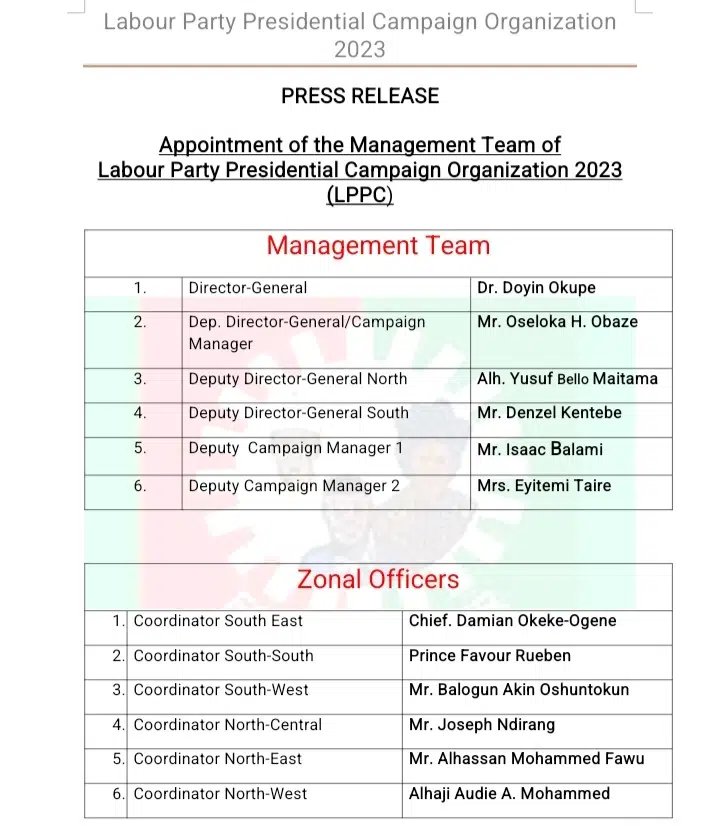 Full List of Labour Party Presidential Campaign Council | Daily Report Nigeria