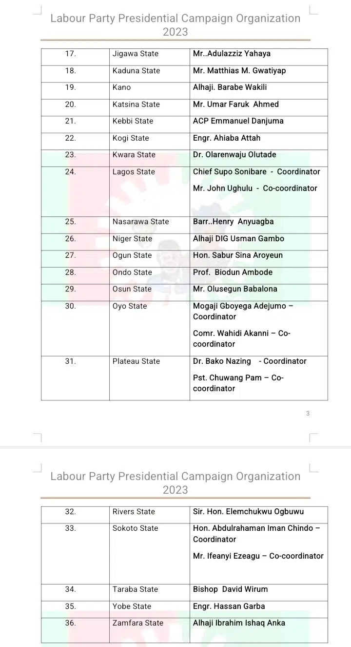 Full List of Labour Party Presidential Campaign Council | Daily Report Nigeria