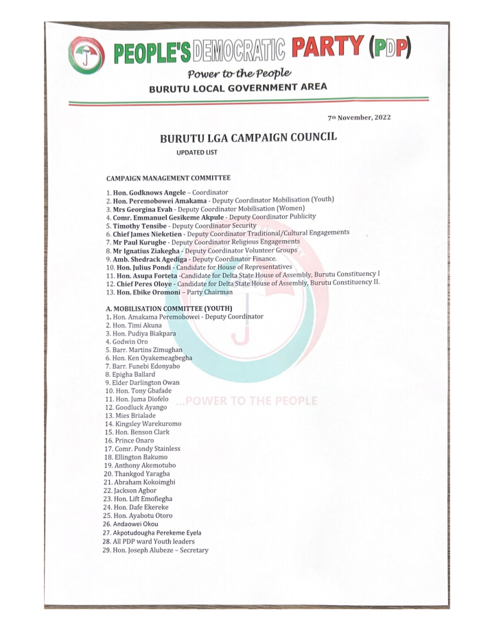 2023: PDP Releases Updated Burutu Campaign Council | Daily Report Nigeria