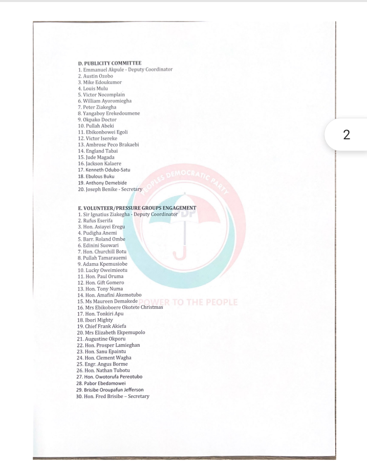 2023: PDP Releases Updated Burutu Campaign Council | Daily Report Nigeria