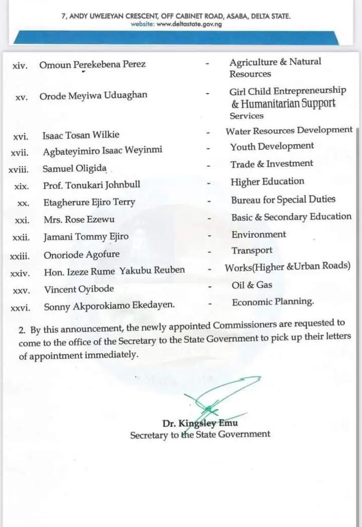 Oborevwori Appoints Aniagwu Commissioner of Works as Oyinbode Gets Oil & Gas (FULL LIST)