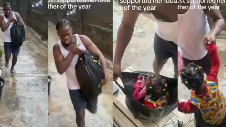 “You for explain tire if police catch you” – Man carries little daughter in nylon bag to protect her from rain | Daily Report Nigeria
