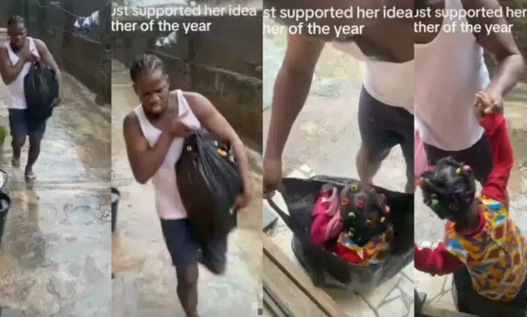 “You for explain tire if police catch you” – Man carries little daughter in nylon bag to protect her from rain | Daily Report Nigeria