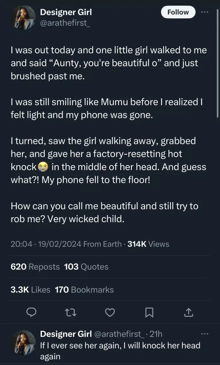 “I was still smiling like Mumu before I realized I felt light and my phone was gone” — Beautiful lady shares how little girl complimented her and stole her phone | Daily Report Nigeria