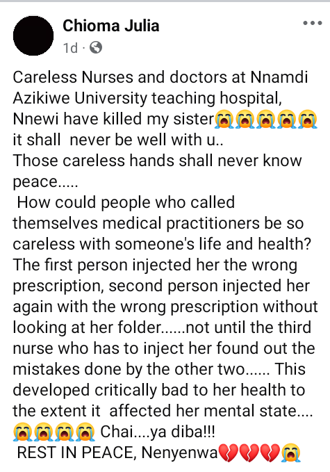 "They Injected Her Wrong Prescription" - Woman Accuses Hospital Of Allegedly Killing Her Sister | Daily Report Nigeria