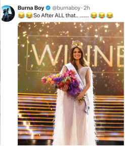 Burna Boy Mocks South Africans After White Woman Wins 'Miss SA' Pageantry | Daily Report Nigeria