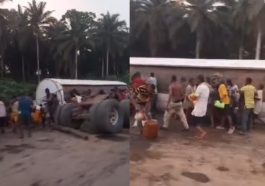 Residents Scoop Fuel From Fallen Tanker In Cross River [VIDEO] | Daily Report Nigeria