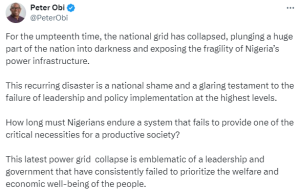 'National Shame' - Peter Obi Reacts To Collapse Of National Grid | Daily Report Nigeria